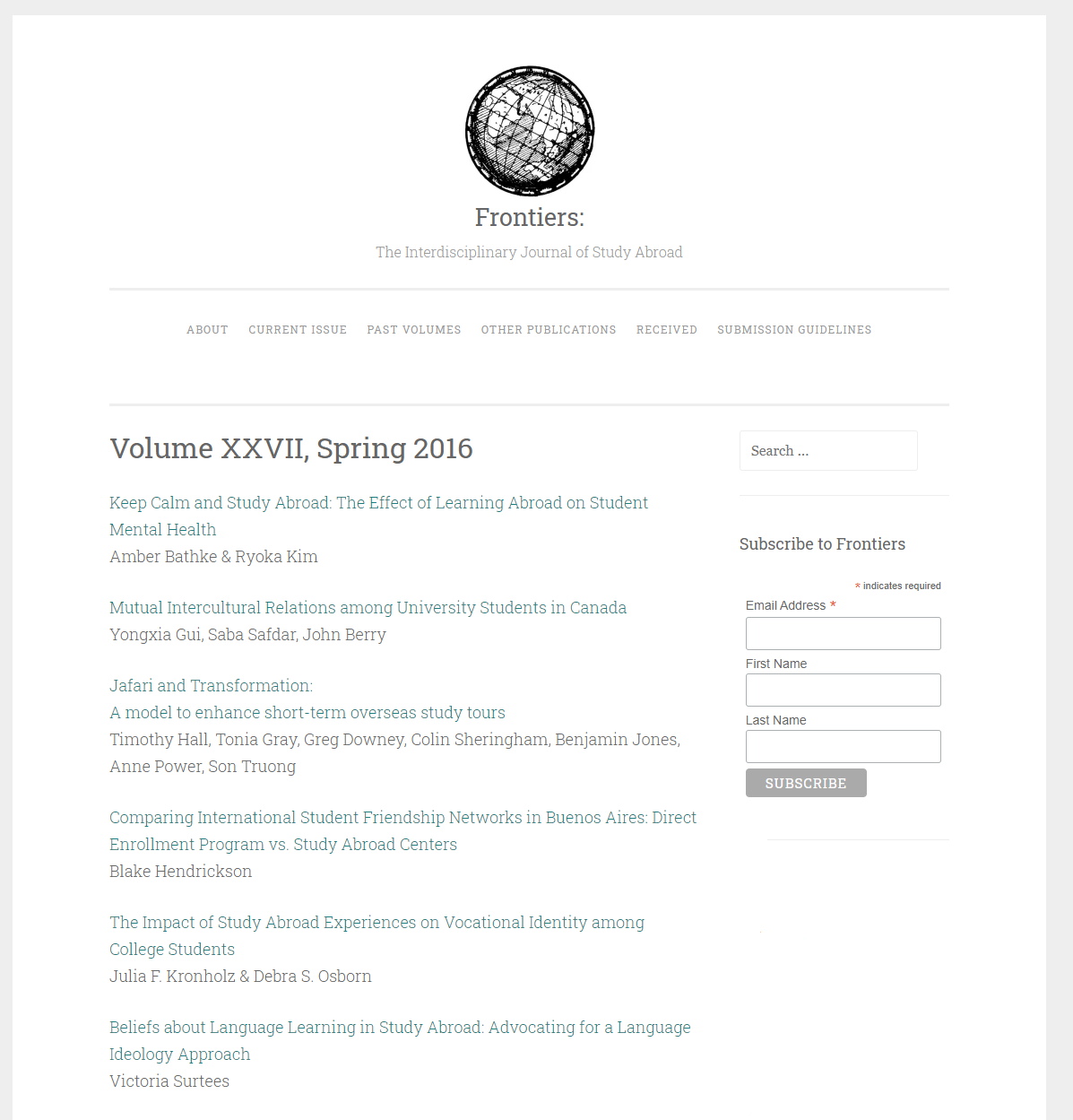 screenshot of the original web publication of Vol. 27, Spring 2016